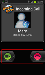 When there is an incoming RoamSave voice call, the phone will ring and the RoamSave screen will pop up. Slide the green phone button to answer the call.   Unanswered/rejected calls will be forwarded to voicemail when RoamSave is connected. 