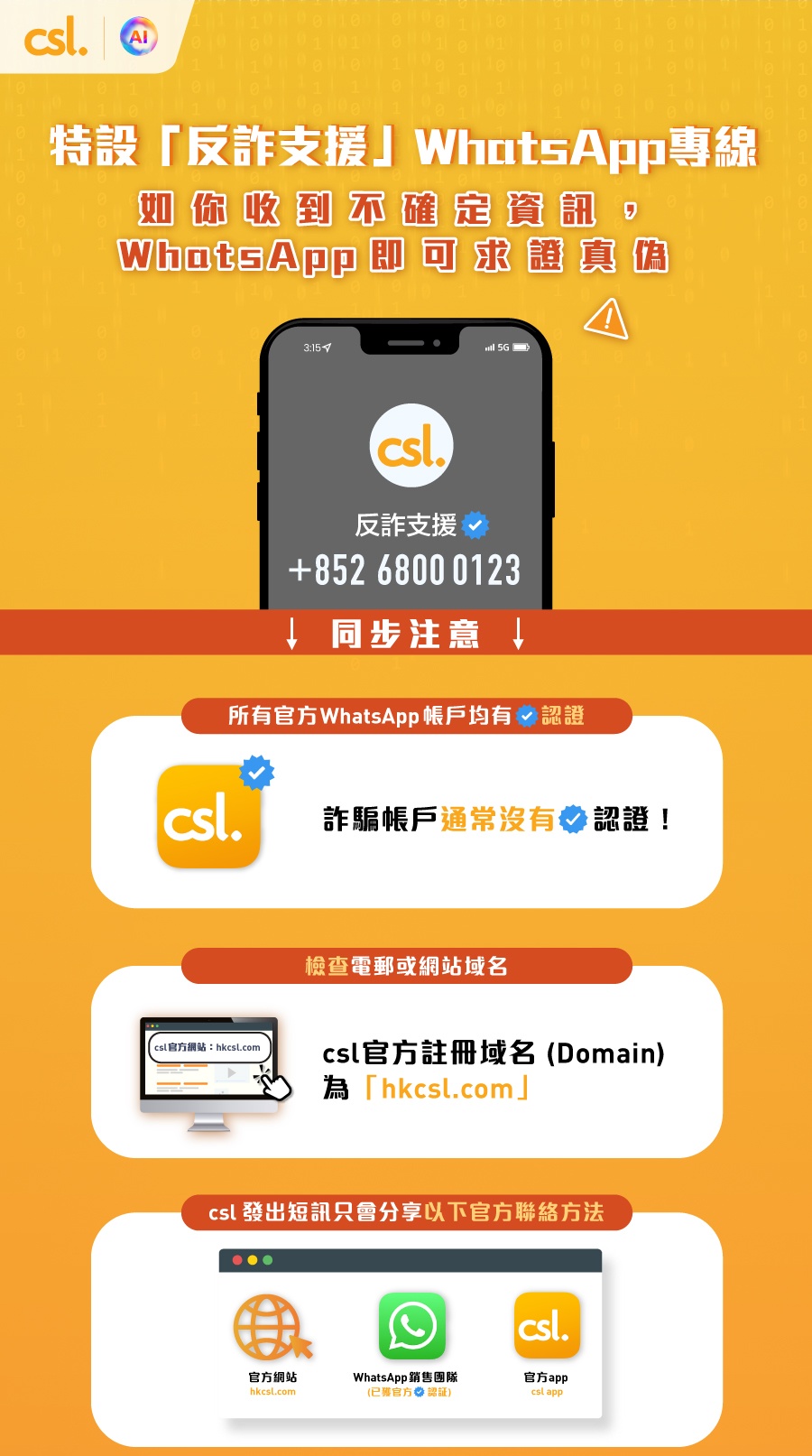 csl 反詐支援專線 WhatsApp 6800 0123