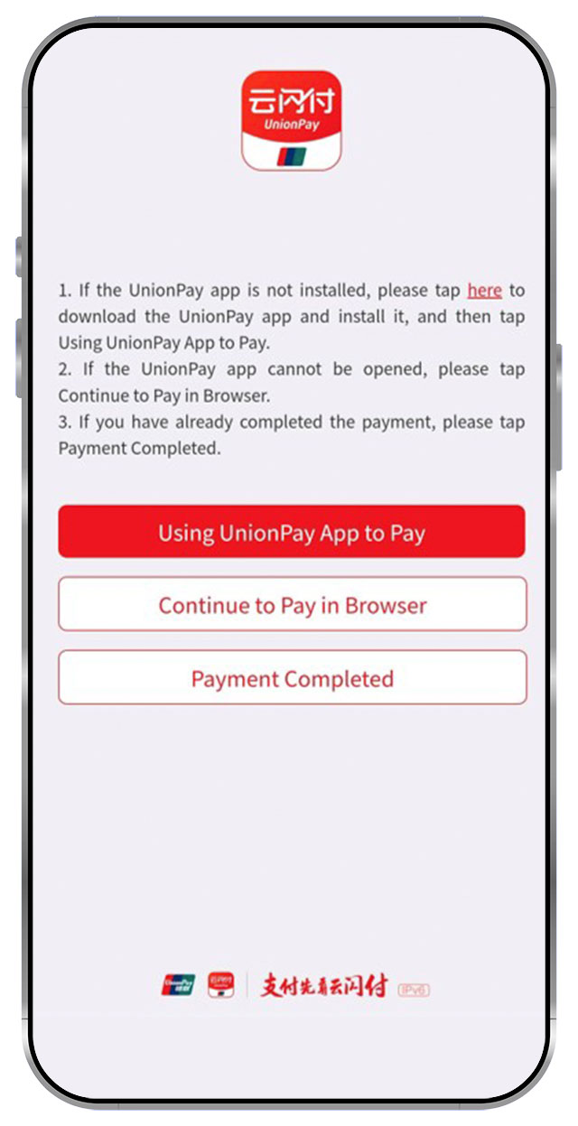 3. Press Continue to pay in browse or open UnionPay App